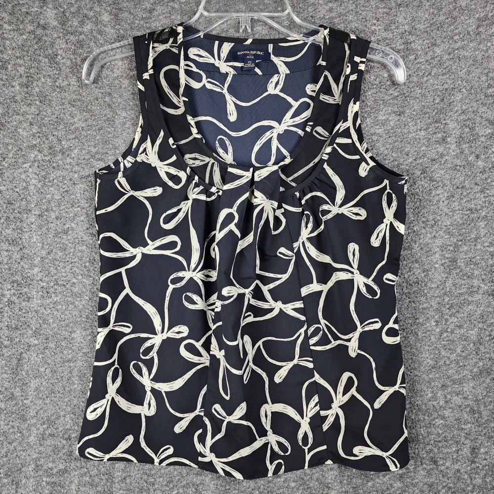 Banana Republic Tank Top Womens PS Shell Blue Abstract Bow Print Pleated EUC
